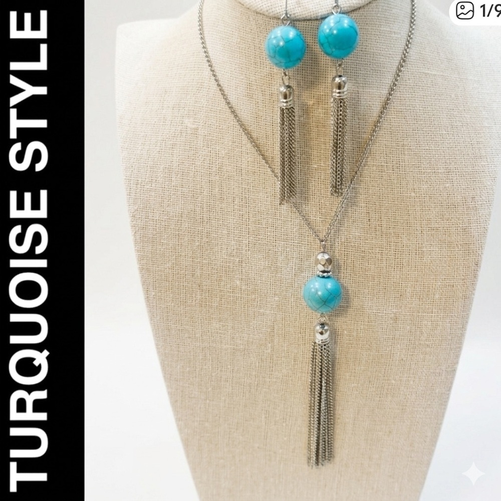 Turquoise & Silver Tassel Jewelry Set - Necklace & Earrings - Picture 12 of 12